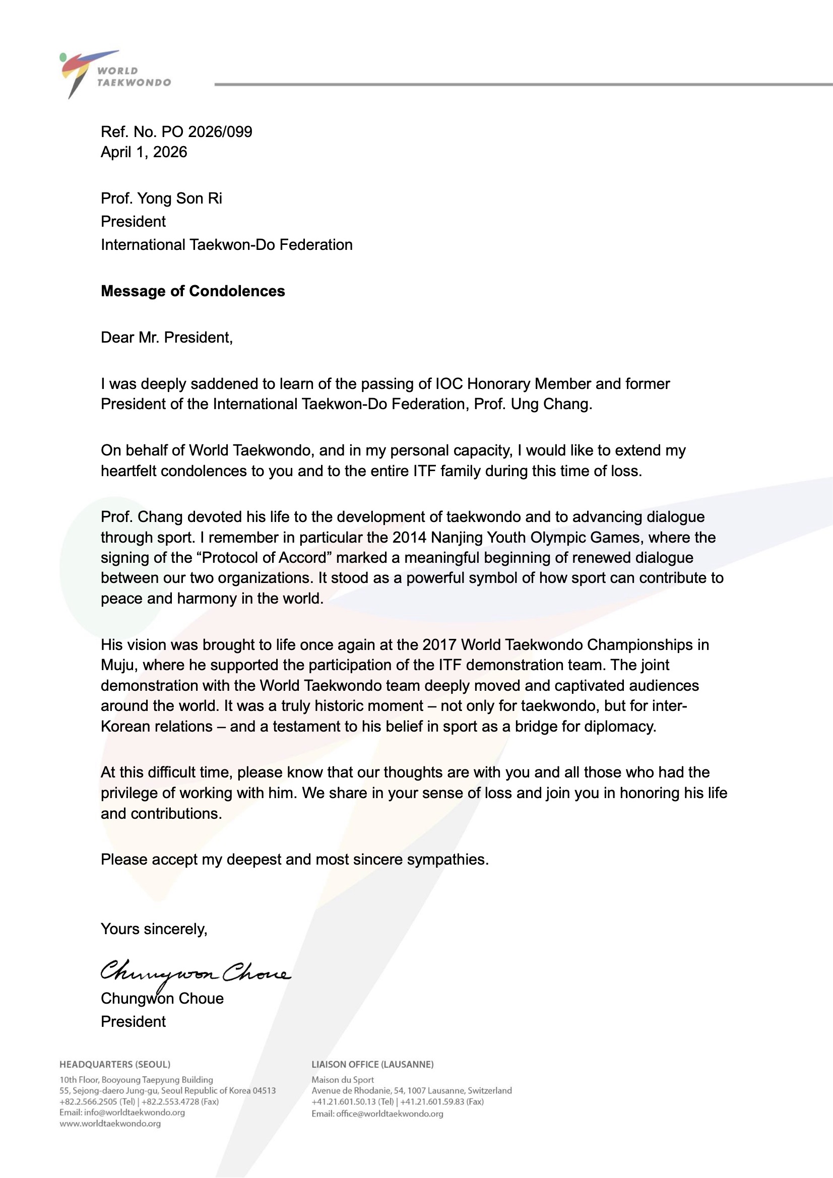 A Message of Gratitude and Remembrance Following the Passing of Prof. Chang Ung